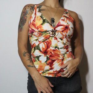Cache Floral V-Neck Multicolored Floral Tank Top Snake Emblem Women's Medium
